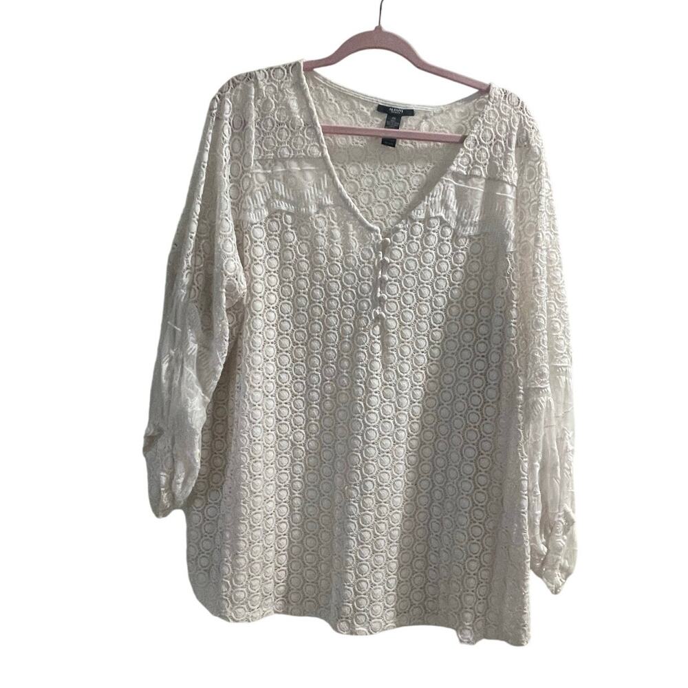 alfani roll cuff lace crochet blouse - white - EUC - 2X